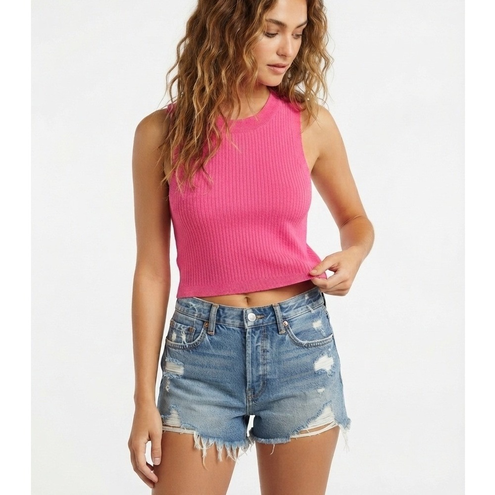 NWT Kendall & Kylie Ribbed Knit Tank Top Sleeveless Cropped Pink Medium